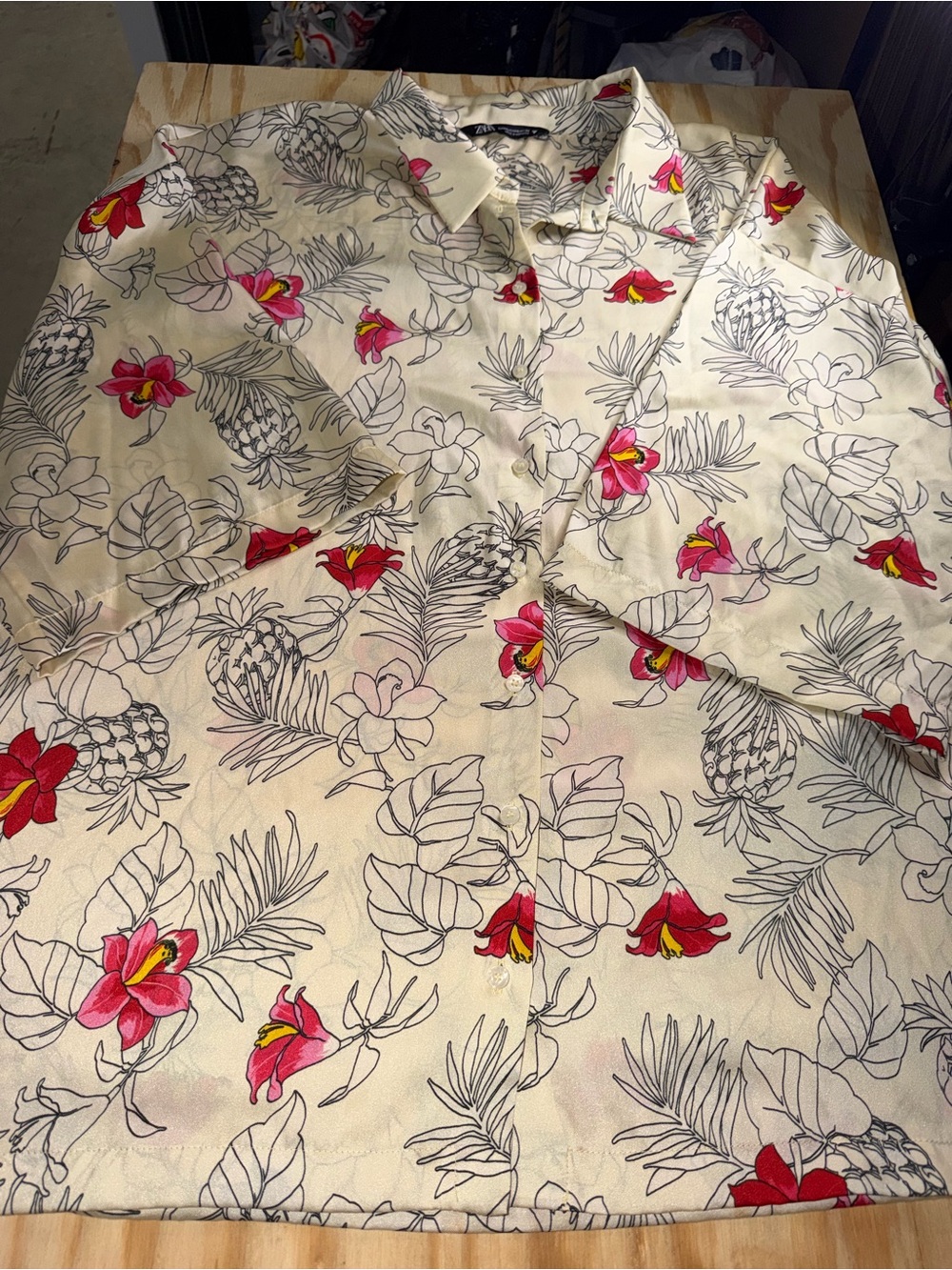Zara Women’s XL Tropical Floral Pineapple Button Up Shirt Cream Red